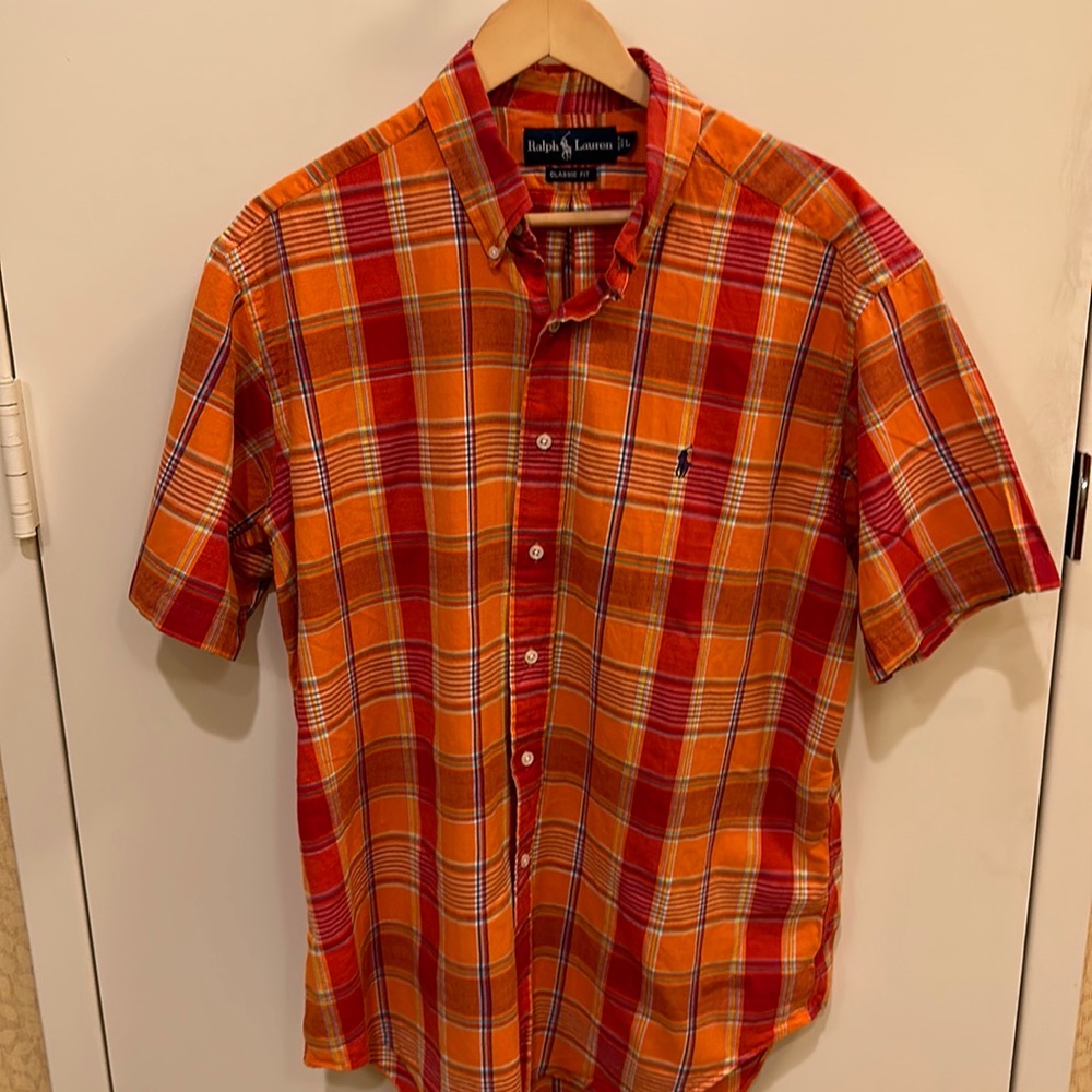 Used Ralph Lauren Classic Fit Men’s L S/S orange and red plaid shirt.